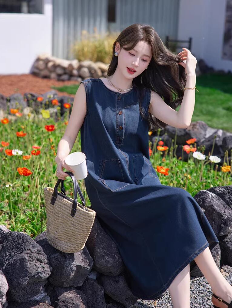 【dress】ポケット付きデニムベストワンピース Q8419