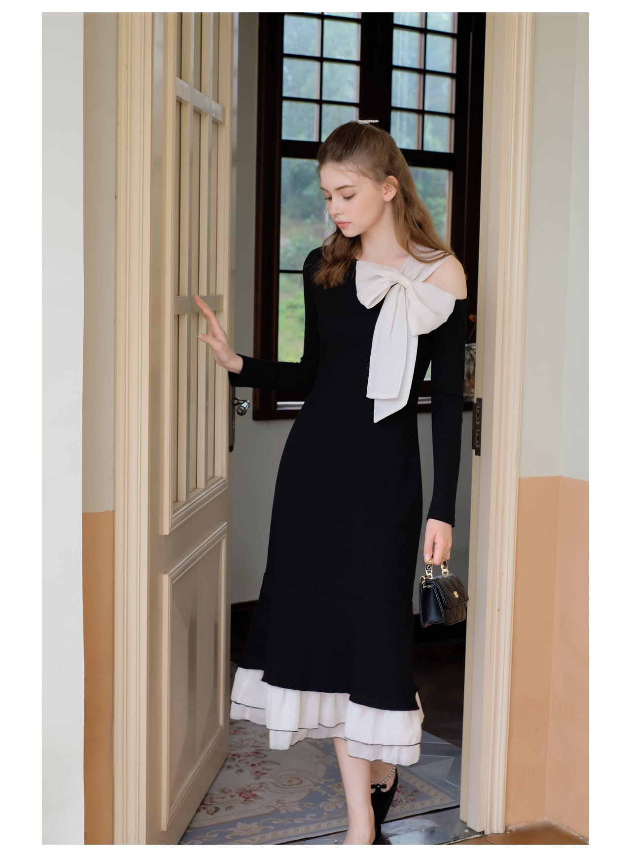 【dress】リボンメッシュ切替ワンピースF8303