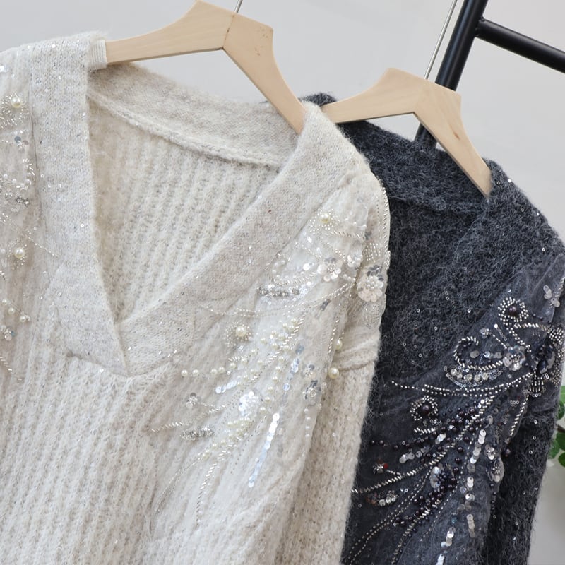 【tops】Vネックスパンコール付きニットトップス Q7436