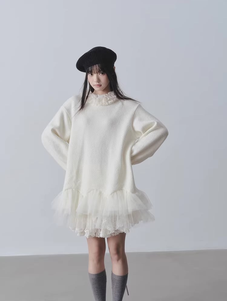 【dress】チュールドッキングフリルネックニットワンピース Q7965