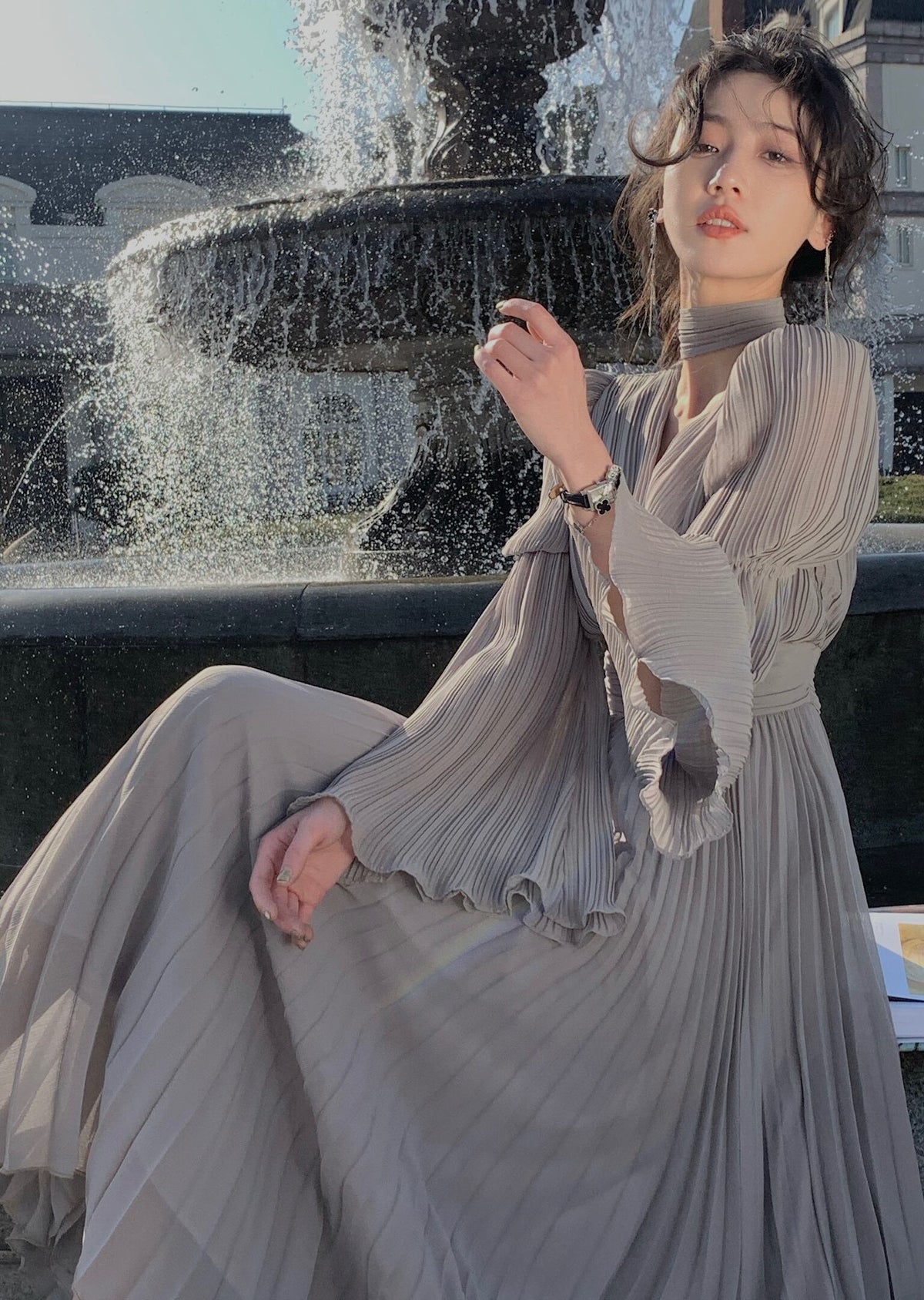 【dress】ベルスリーブプリーツワンピース　N3250