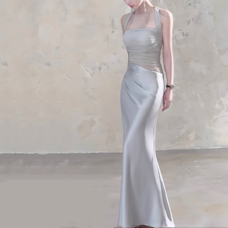 【dress】チュールドッキングホルターネックロングワンピース Q7985