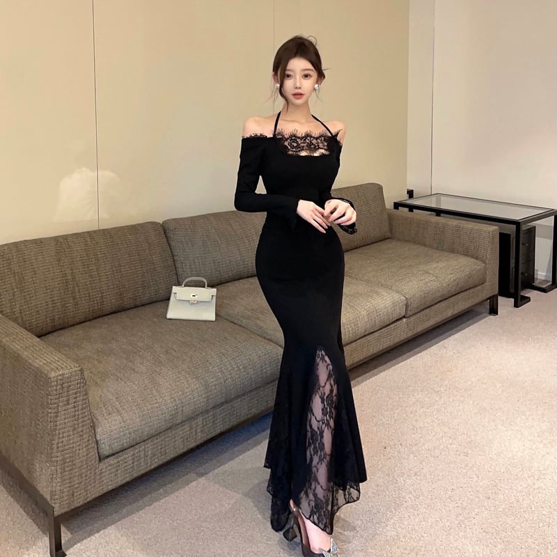 【dress】ホルターネックレースドッキングワンピース Q7884