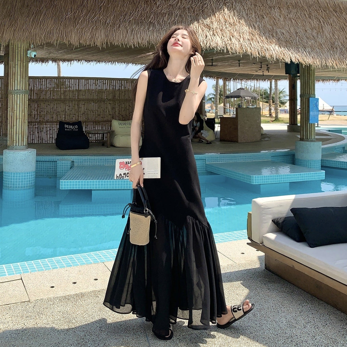 【dress】チュールドッキングロングワンピース　K0554
