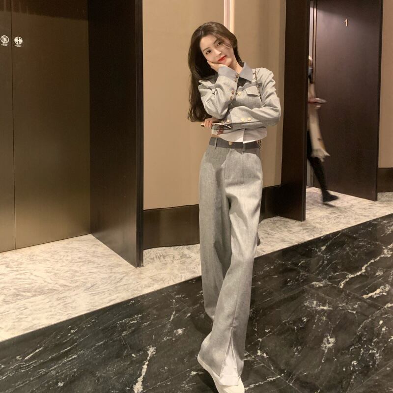 【set】偽二つ切り替えトップス+パンツセットアップF6077