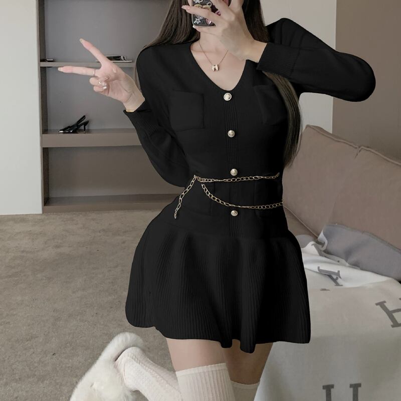 【dress】Vネックフレアニットワンピース Q7515