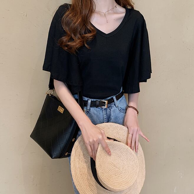 【tops】美人度アップVネック半袖ファッションフレアスリーブ無地着回しTシャツF0001
