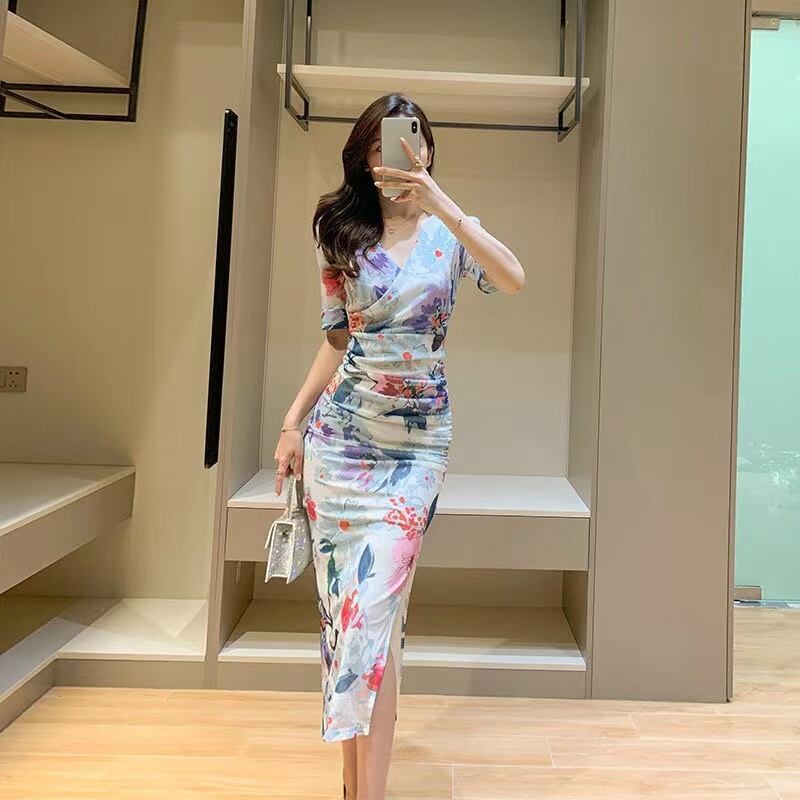 【dress】今季マストバイVネック半袖花柄配色スリット披露宴二次会着やせタイトワンピースF2742