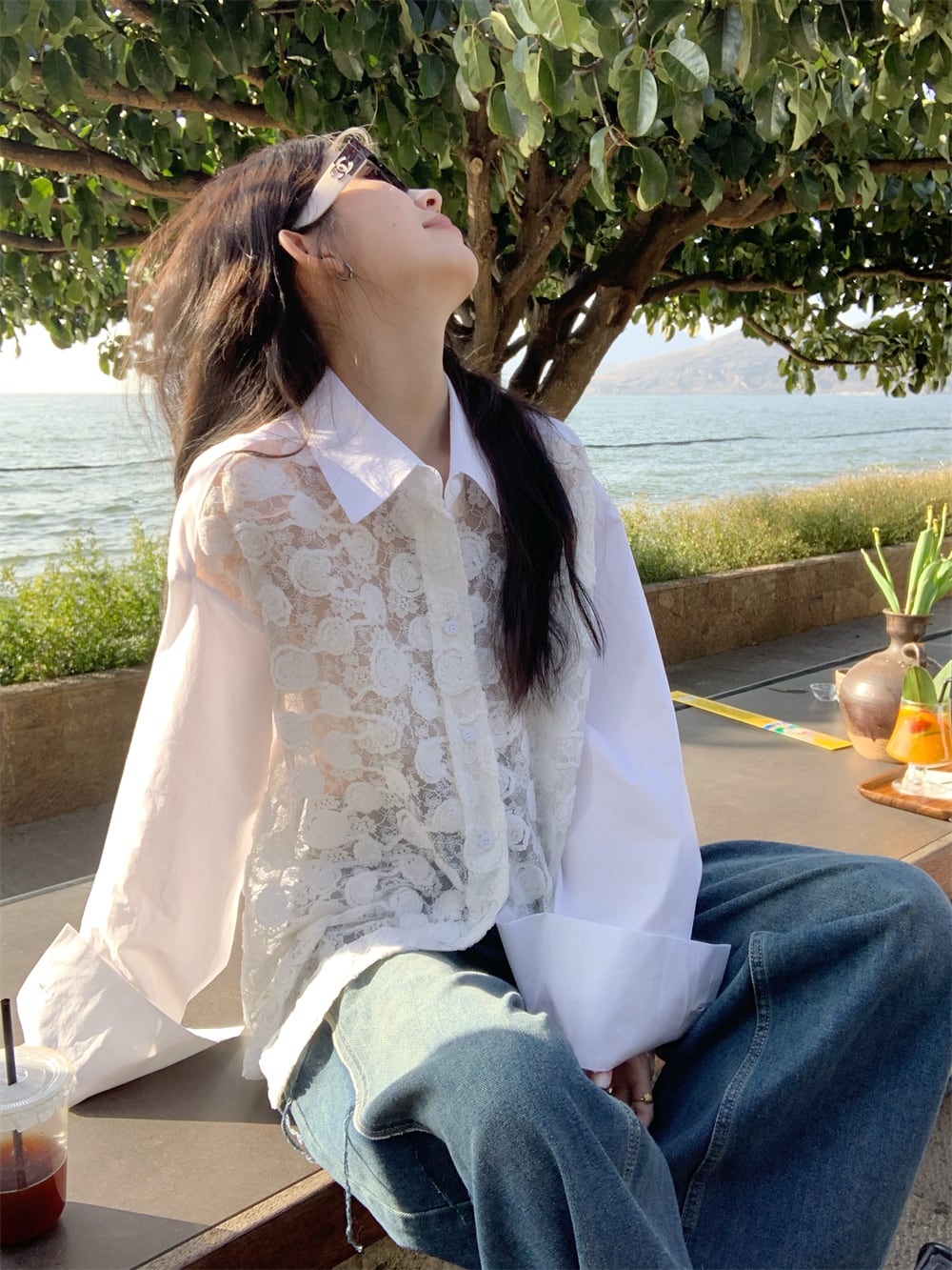 【tops】レース切り替えシャツブラウス　M29788