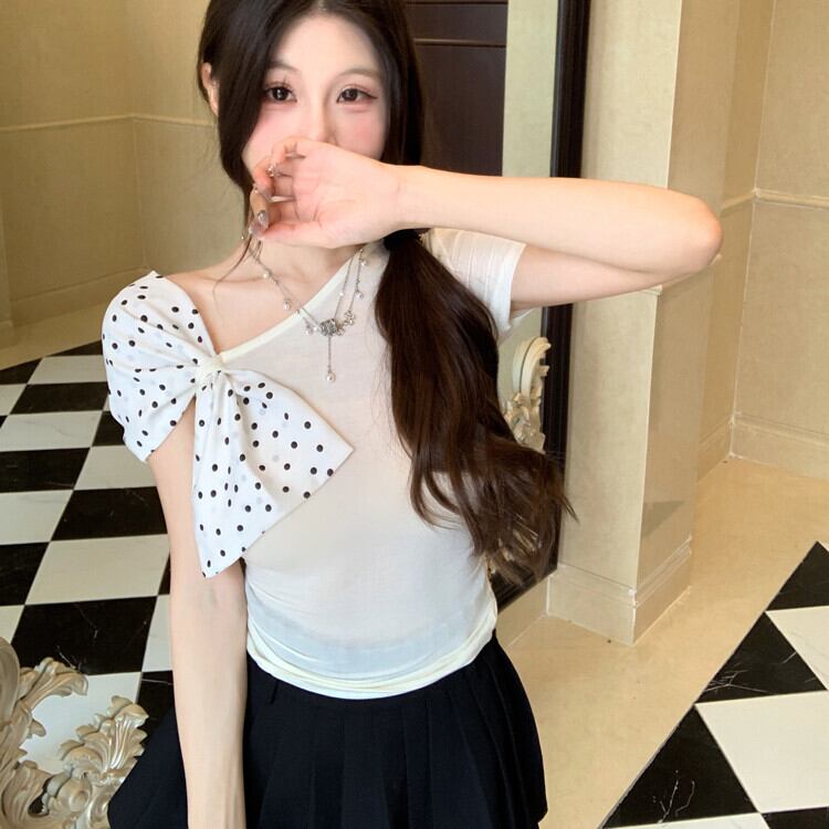 【tops】オフショルダーリボン付きTシャツ　M29832