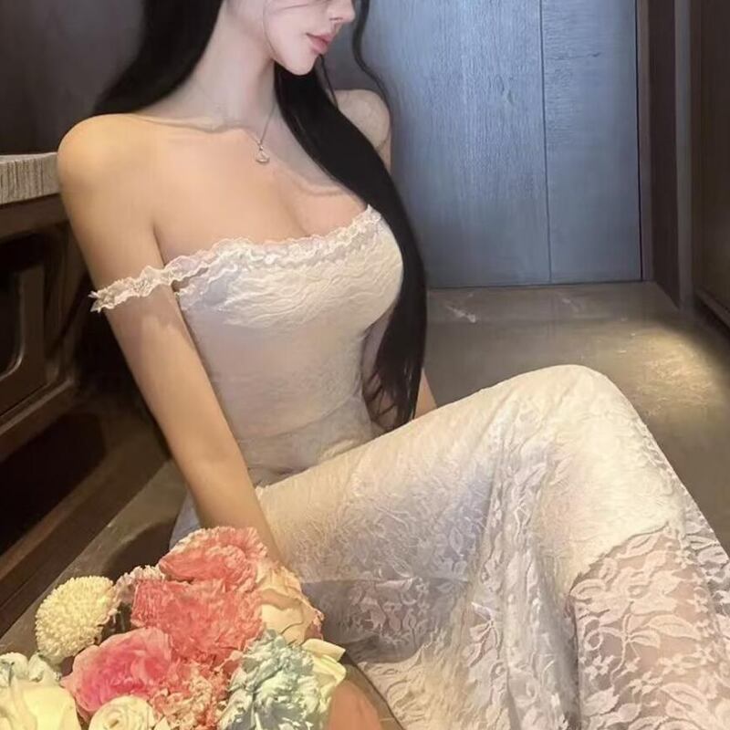 【dress】オフショルダーレースロングワンピース Q8189