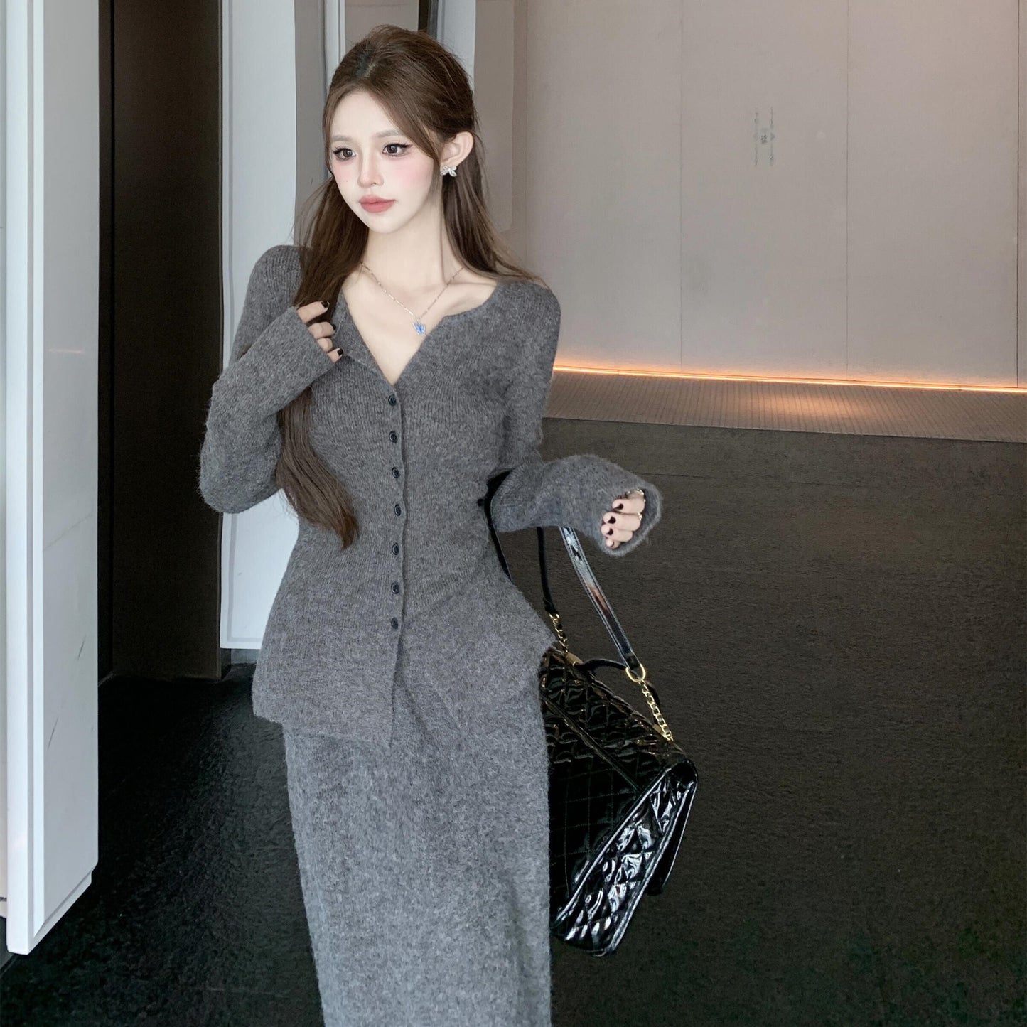 【set】Ⅴネックニットカーディガン×ロングスカートセット　N2764
