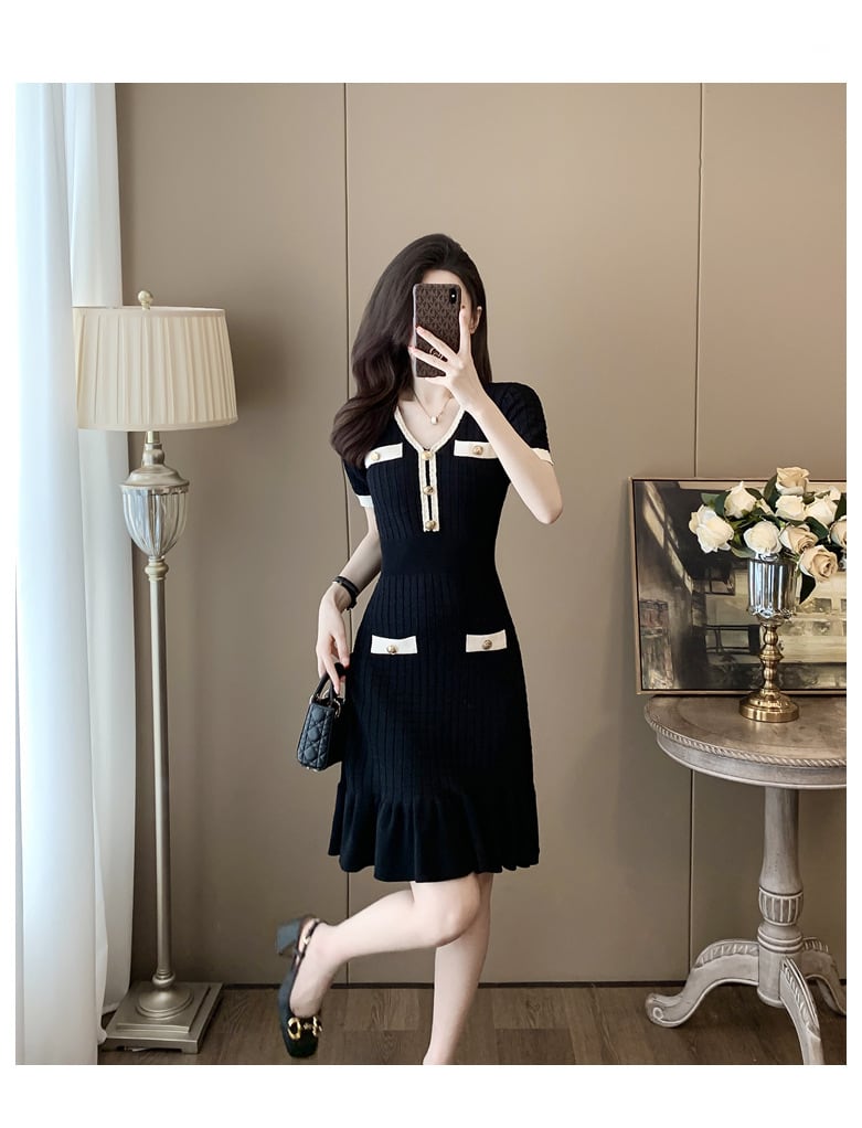 【dress】Vネックマーメイドニットワンピース G20250