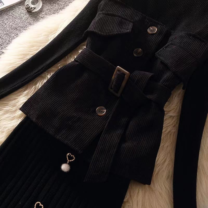 【set】3点セットウェスト絞りベスト+無地セーター+体型カバースカート通勤日常秋冬新作セットアップF1292