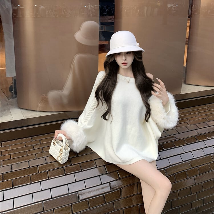 【tops】袖ファーオフショルダーニットトップス　M27715