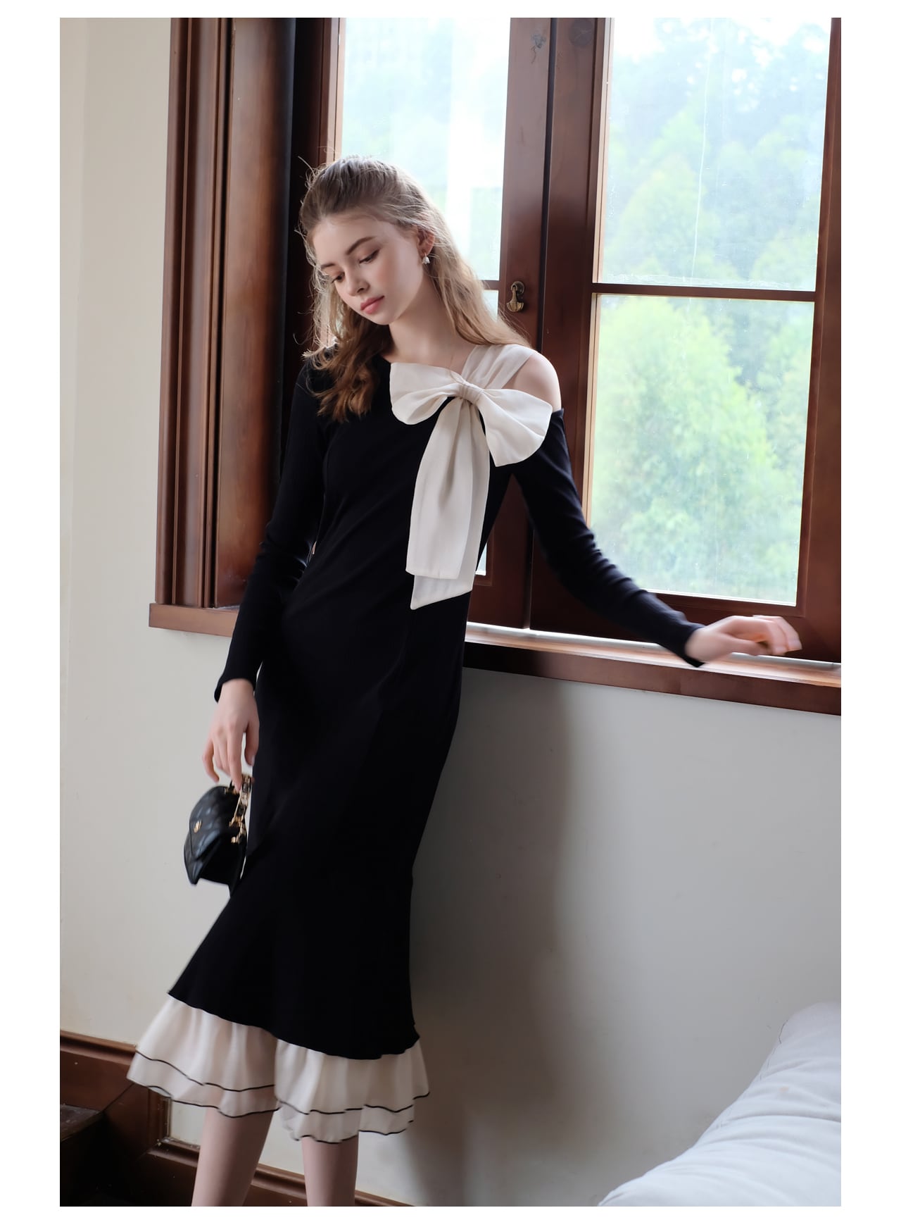 【dress】ショルダーリボンアシンメマーメイドワンピース　N2744