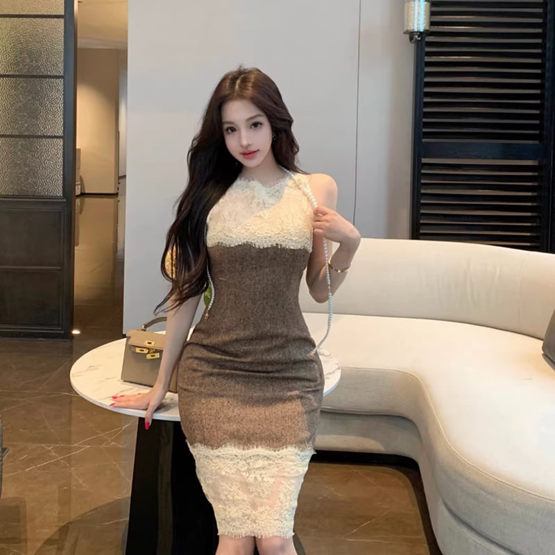 【dress】ノースリーブレースドッキングワンピース Q8023