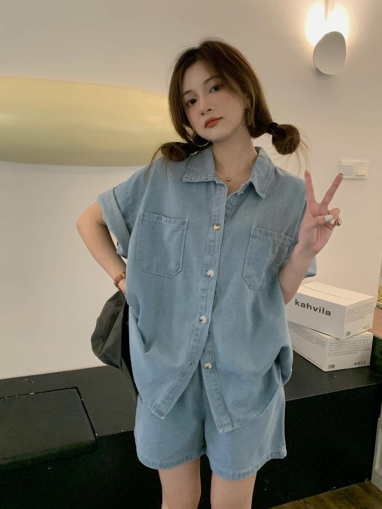 【set】デニムブラウス+ショートパンツ２点セットG21288