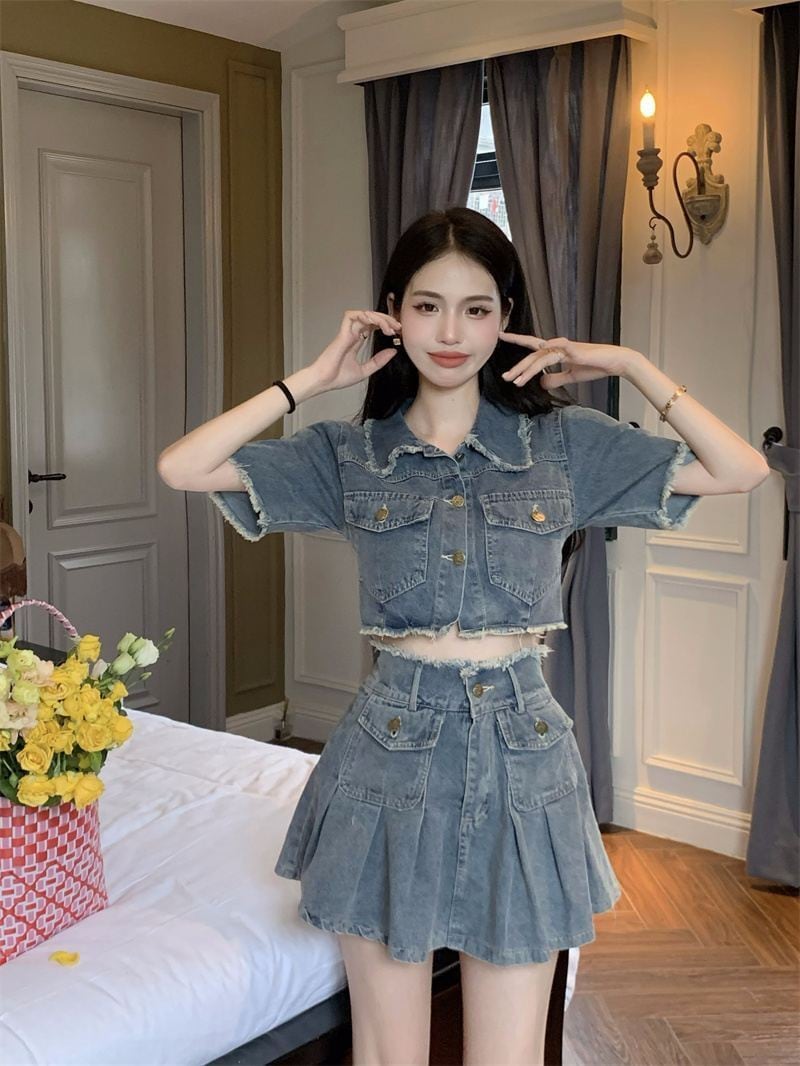 【set】半袖ジャケット+スカートデニム2点セットF7529