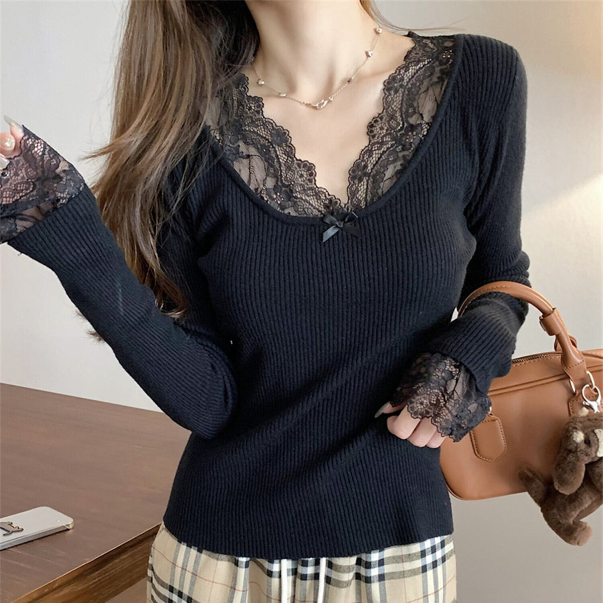 【tops】レースドッキングニットトップス　N2897