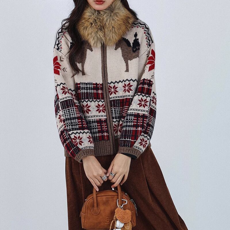 【outer】ファー付きニットカーディガン Q7611