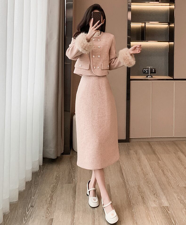 【set】袖ファーコート×ロングスカートセット Q7415