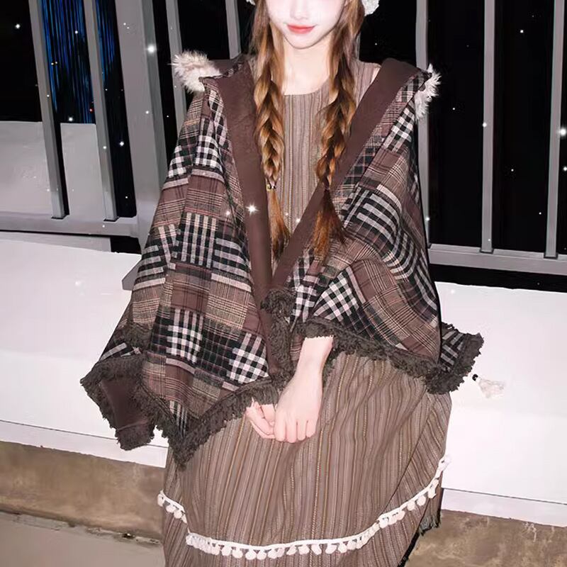 【outer】フード付きチェック柄ケープ　M28489