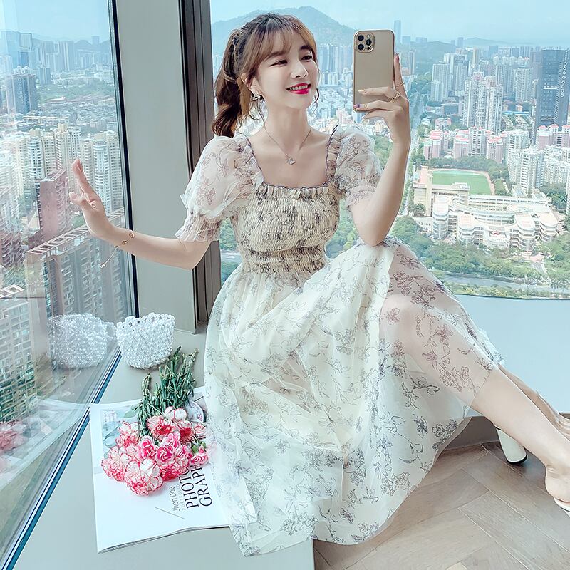 【dress】気質満点清新スウィートシフォン着痩せ花柄 ワンピース G1281