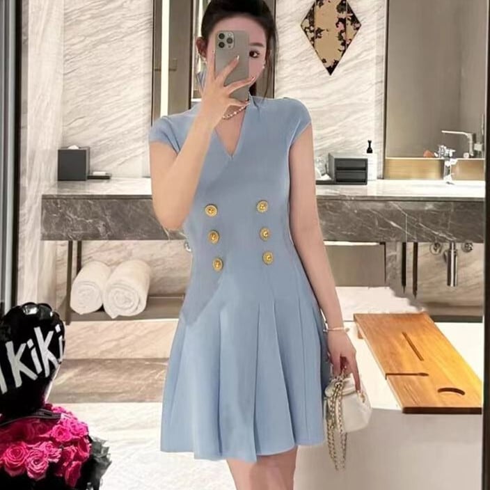 【dress】Vネックプリーツワンピース　M24248
