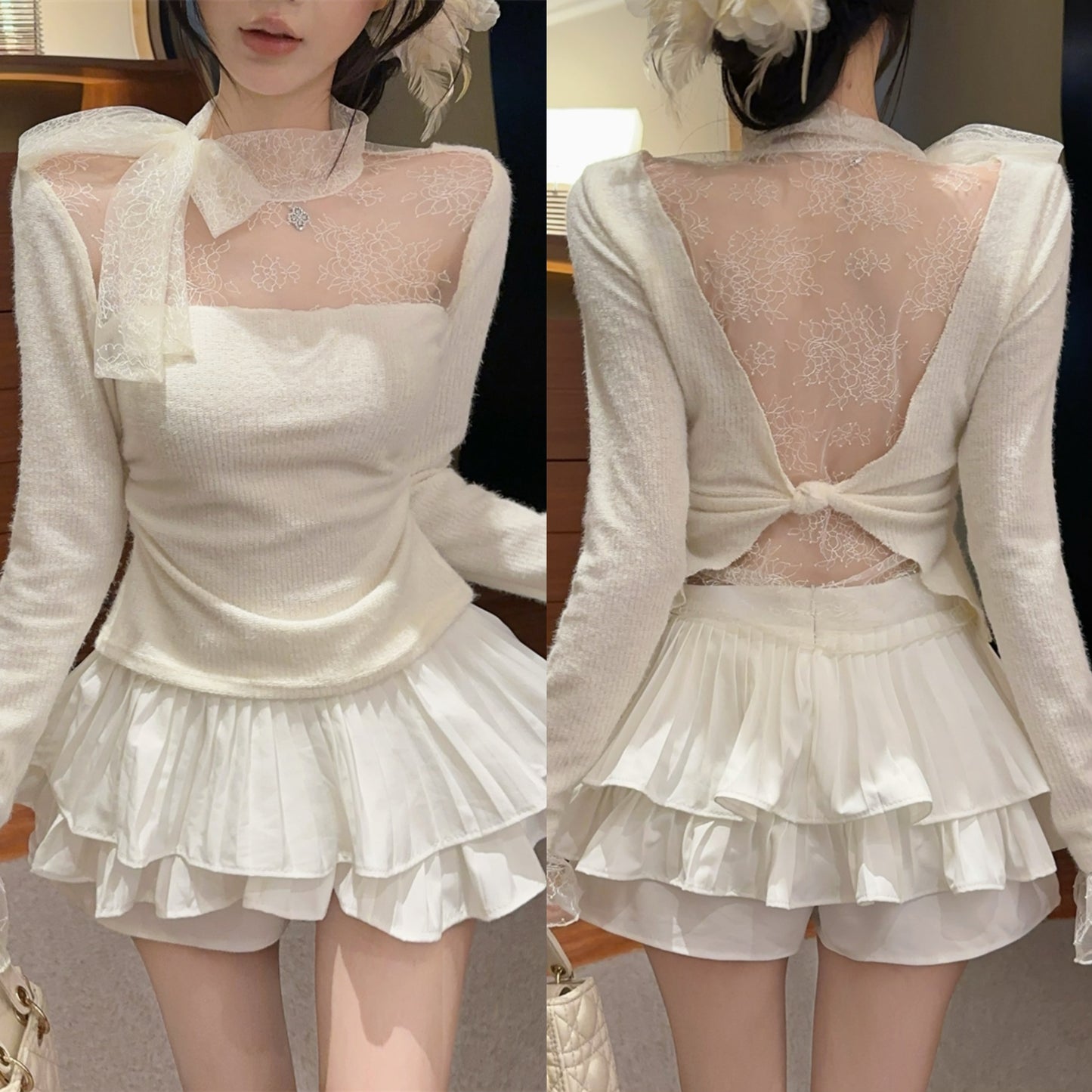 【tops】レースドッキングニットトップス　N2909