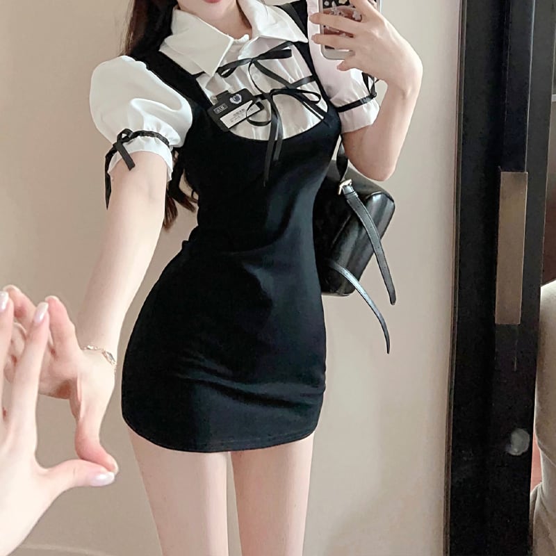 【dress】リボン付きフェイクレイヤードワンピース Q8415