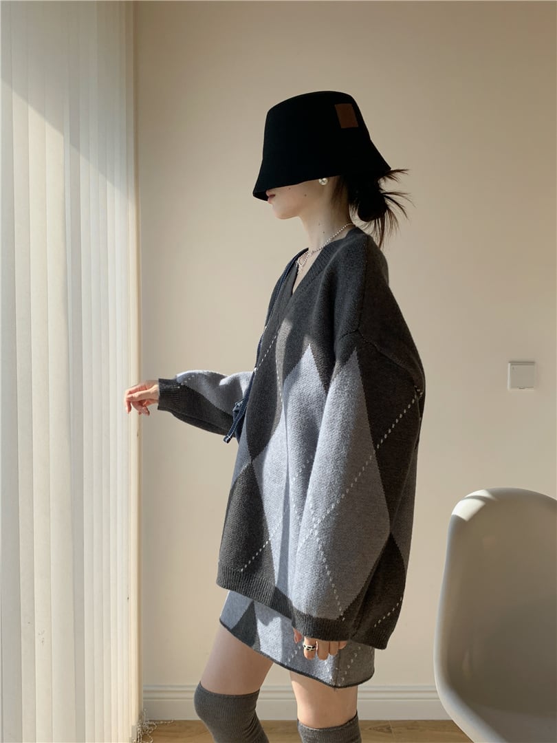 【set】アーガイル柄ニットトップス×ミニスカートセット　N3433