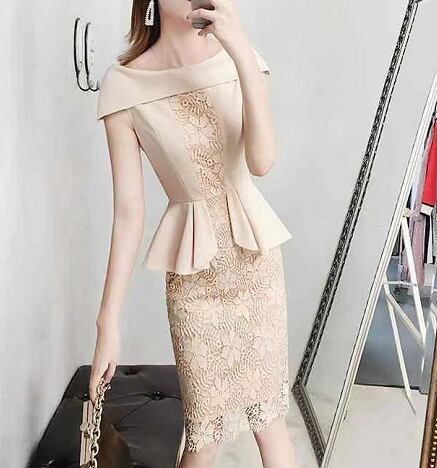 【dress】オシャレ度満点〜ギャザーレース切り替えスリットOL通勤タイトンワンピースF2427