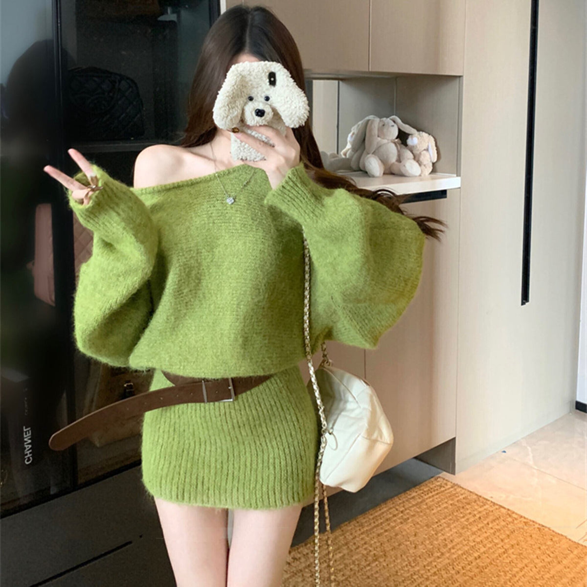 【dress】オフショルニットミニワンピース　N3359