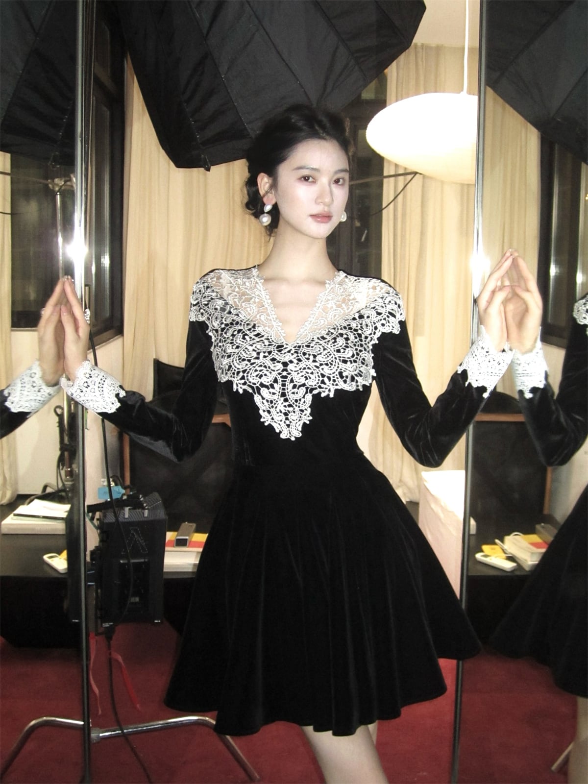 【dress】レーストリミングベロアワンピース　N3476