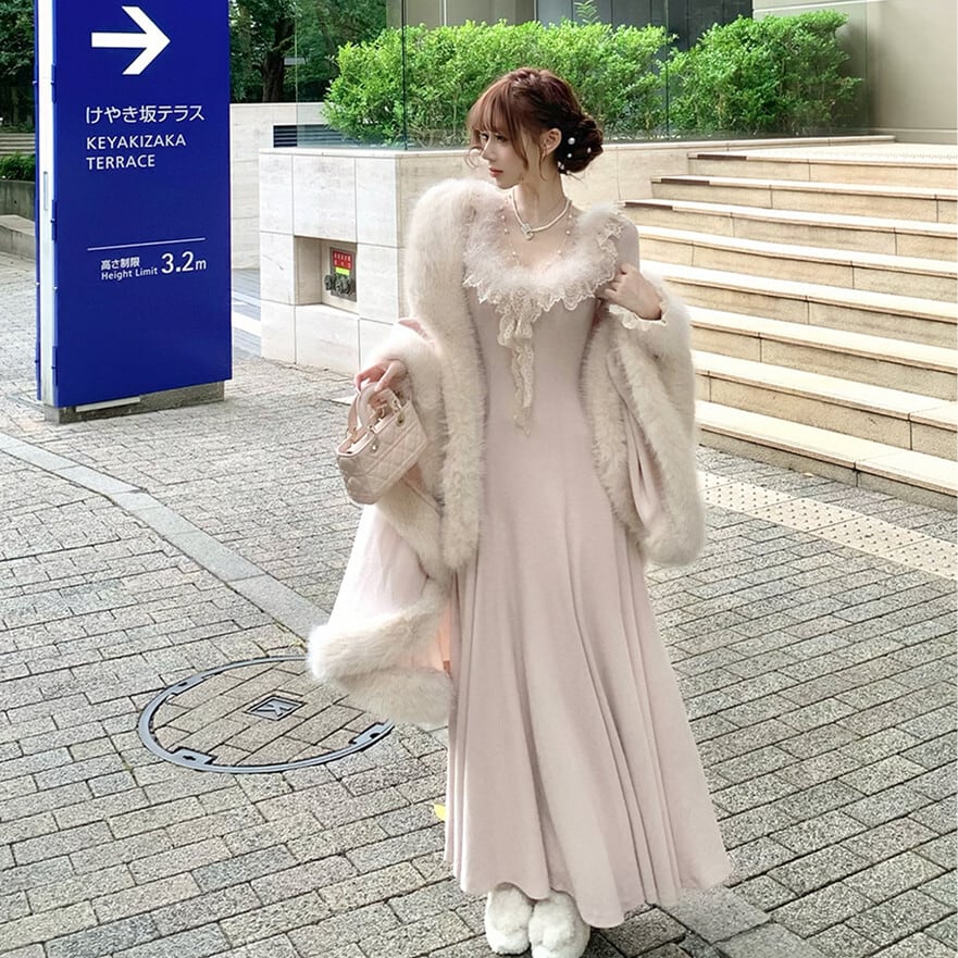 【dress】ファーレースドッキングニットワンピース　N3464