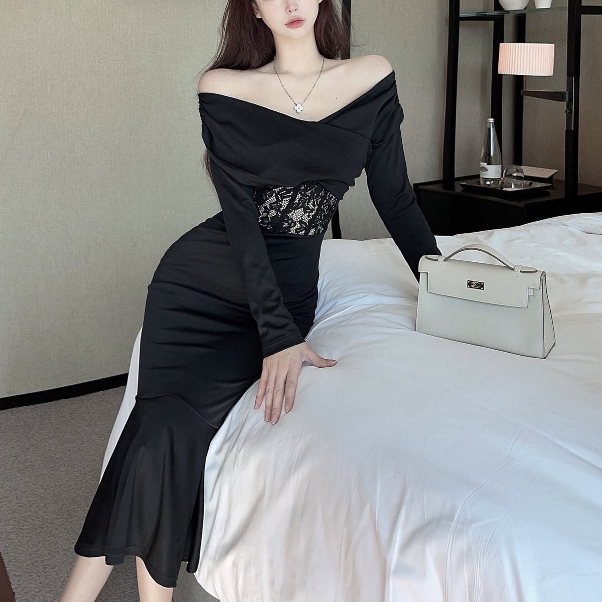 【dress】ウエストレースマーメイドワンピース　N2729