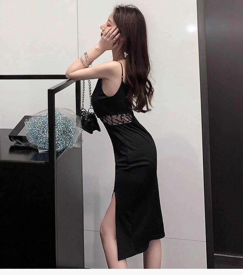 【dress】オシャレ度満点〜!フランス風気質満点夏セクシーVネックスリットキャミワンピース G8213