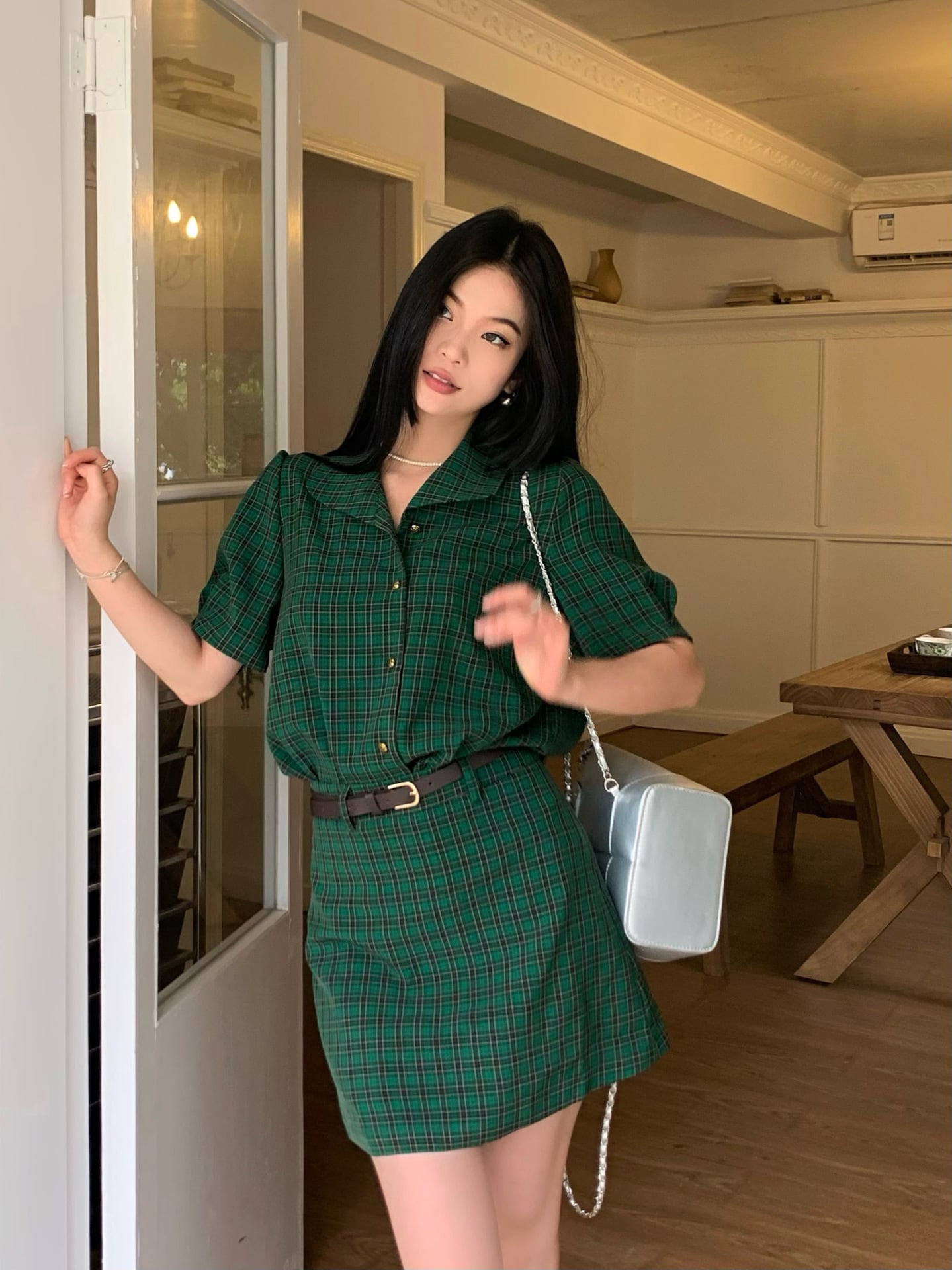 【set】チェック柄ブラウス+スカート２点セットG21572