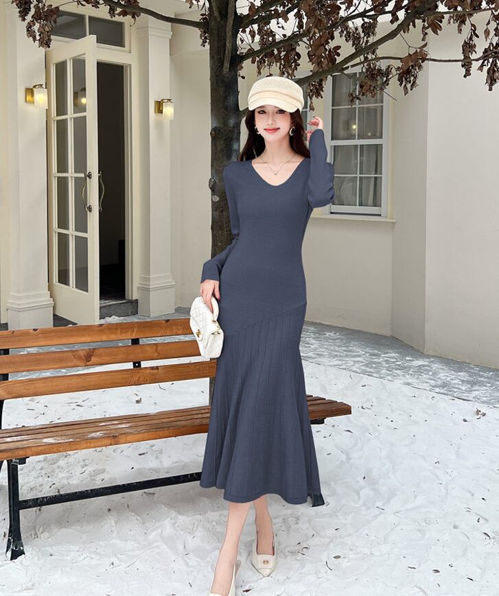 【dress】ニットマーメイドワンピース Q7673