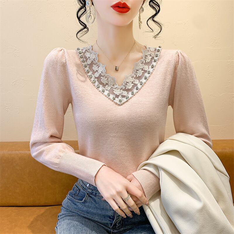 【tops】Vネックレース切り替えニットトップス　M28260