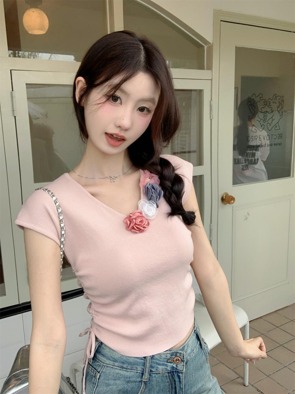 【tops】立体フラワーニットTシャツ　M24271