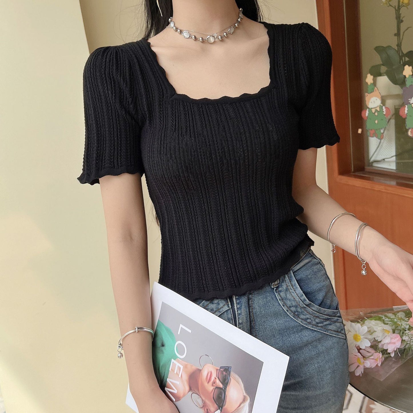 【tops】3色スクエアネック半袖ＴシャツF7353