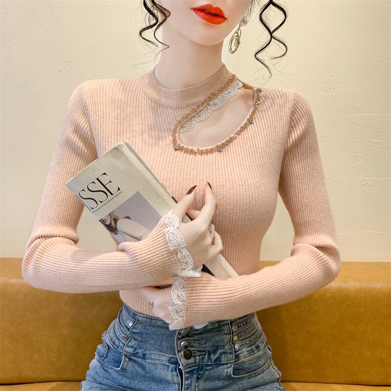 【tops】レース切り替えニットトップス　M28664