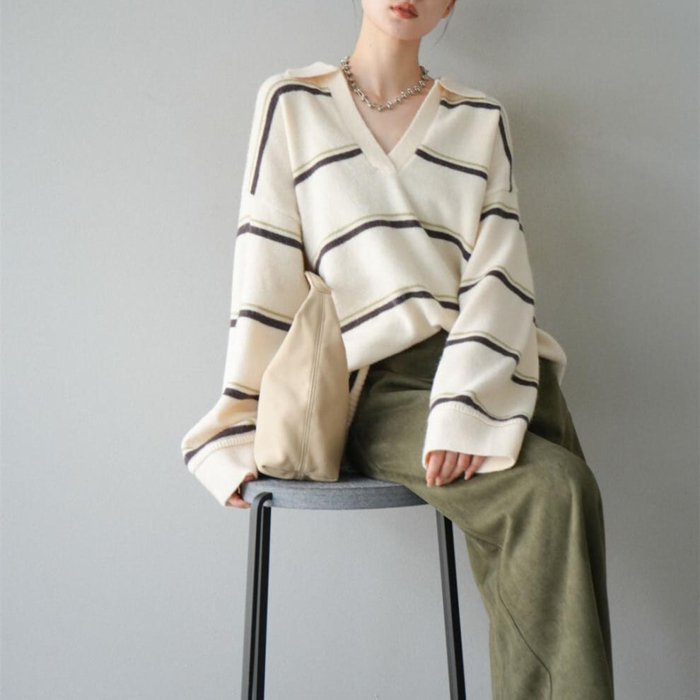 【tops】Ⅴネックボーダー柄ニットトップス N3430