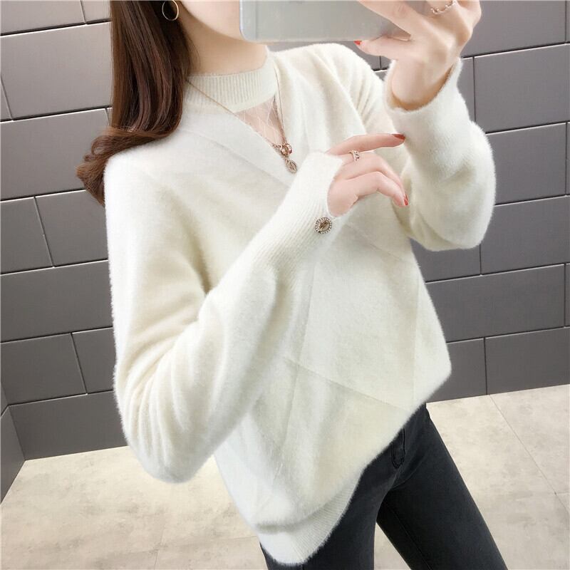 【tops】選べる5色！ハーフネック長袖メッシュ切り替え無地お洒落韓国風ニットセーターF0861