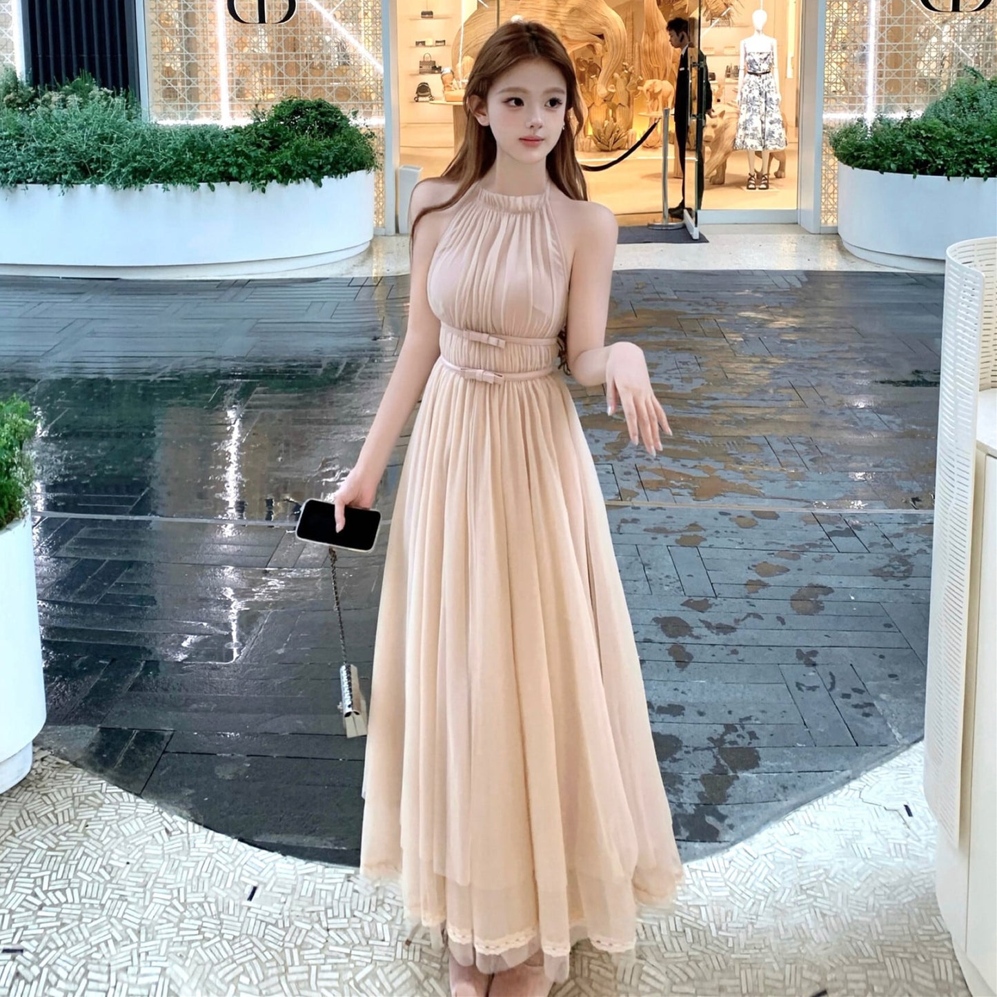 【dress】バックリボンチュールロングワンピース　N3217