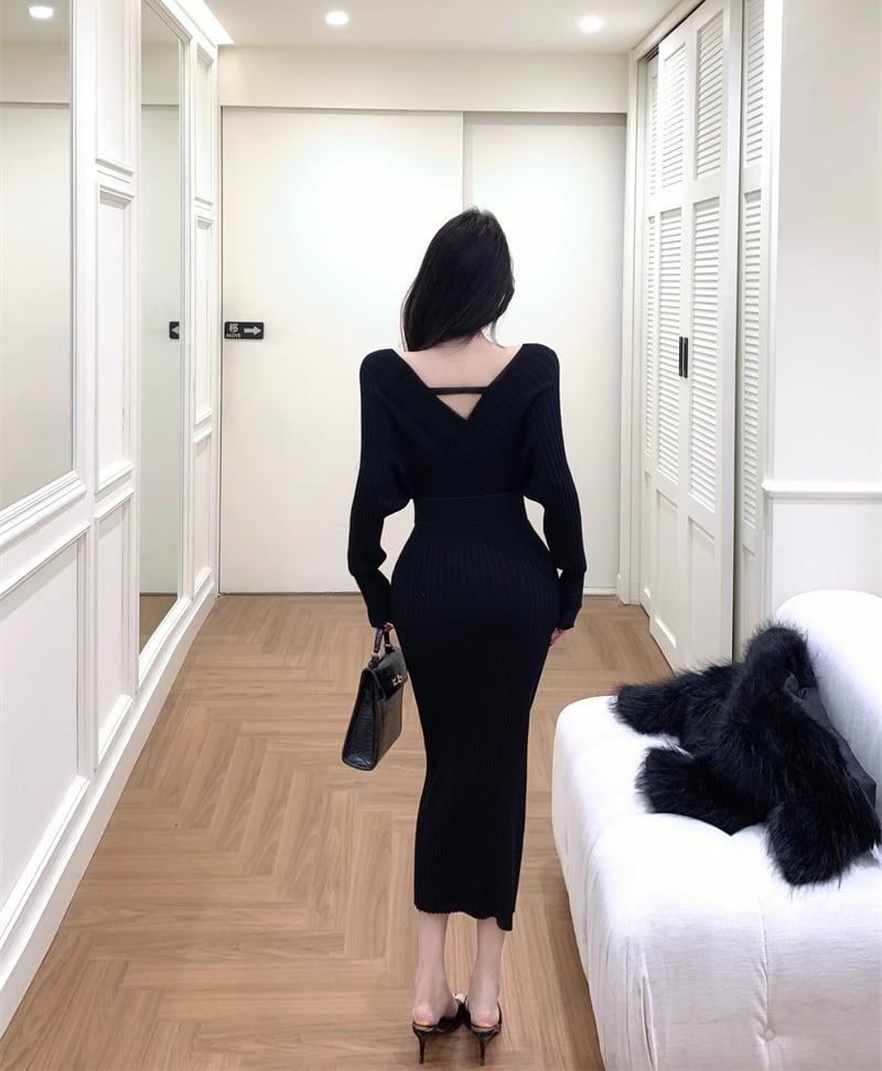 【dress】クロスネックニットワンピース Q7545