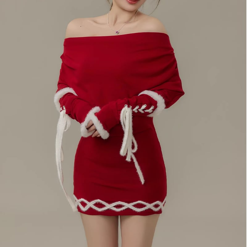 【dress】ファー付きオフショルダーニットワンピース Q7730