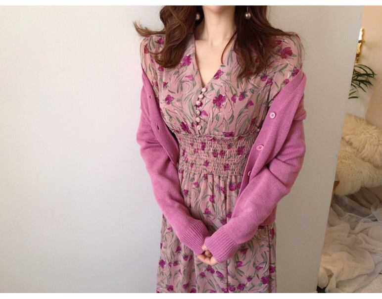 【dress】優しい雰囲気!エレガント気質満点スウィート 韓国系シフォン花柄ワンピース G1785